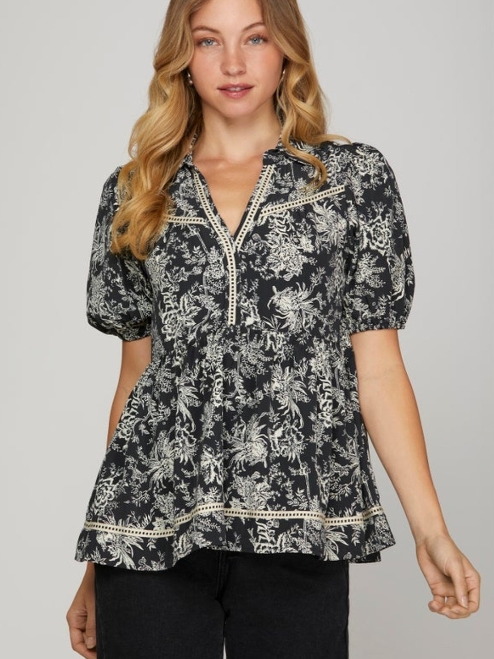 She + Sky Navy and White Floral Lace-Trim Tunic